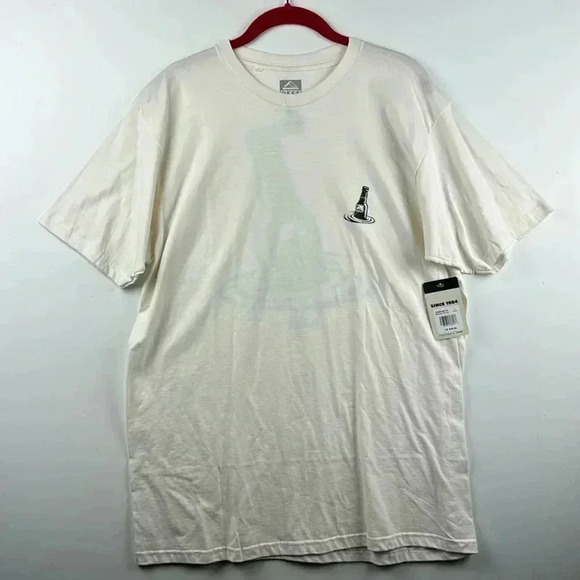 REEF SHORT SLEEVE NWT SZ L CRÈME COLORED WITH A GREAT BOTTLE GRAPHIC ON BACK - Picture 1 of 6